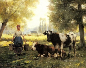  cows Works - A Milkmaid With Her Cows On A Summer Day farm life Realism Julien Dupre